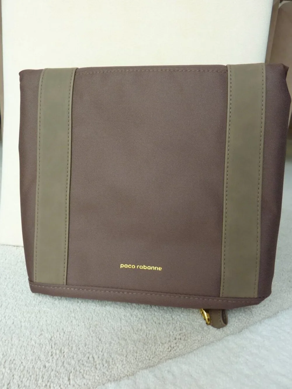 NEW Paco Rabanne Brown Overnight Weekend Canvas Travel Bag Foldable Gold Accent